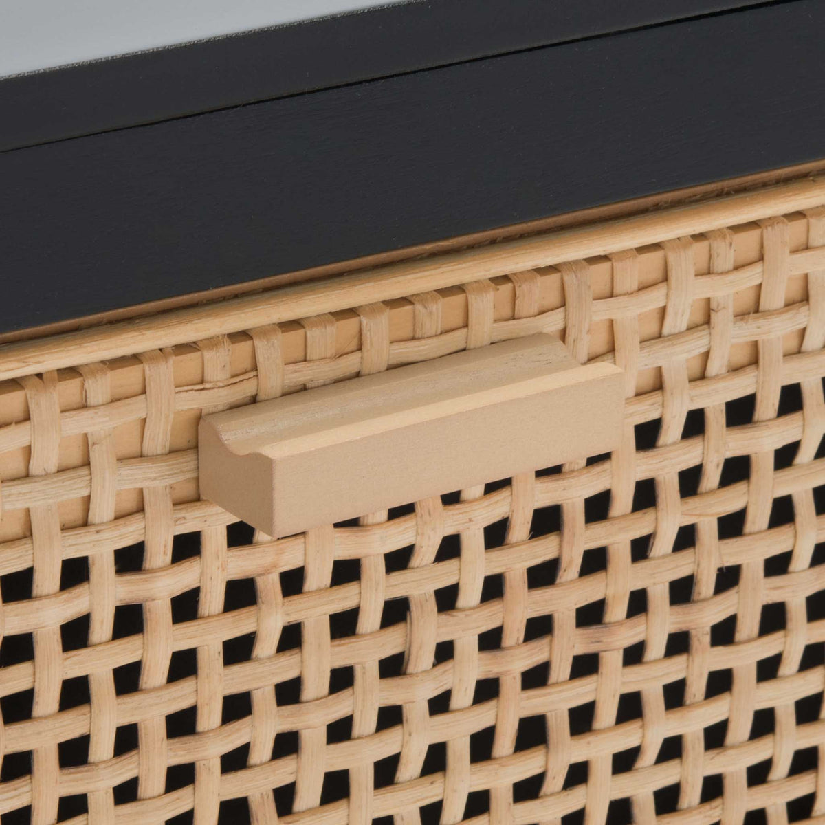 Slim wooden pull and handwoven cane add a warm, organic touch to the modern design. || NST5012B || handle_studio