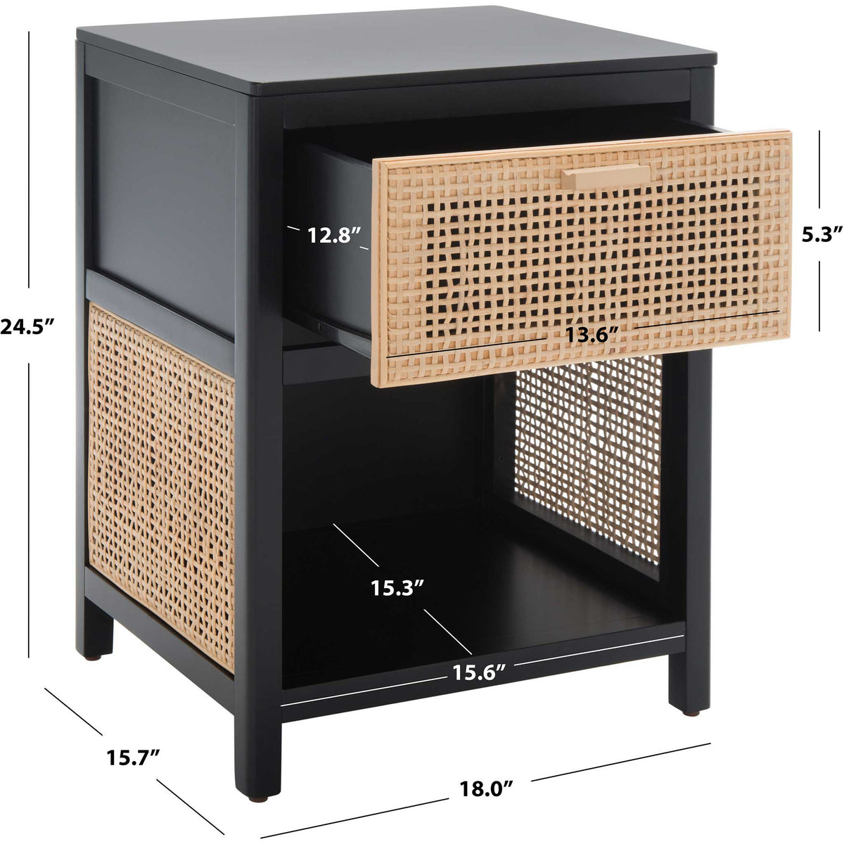 Dimensions shown for spacious drawer and shelf with woven cane accents.