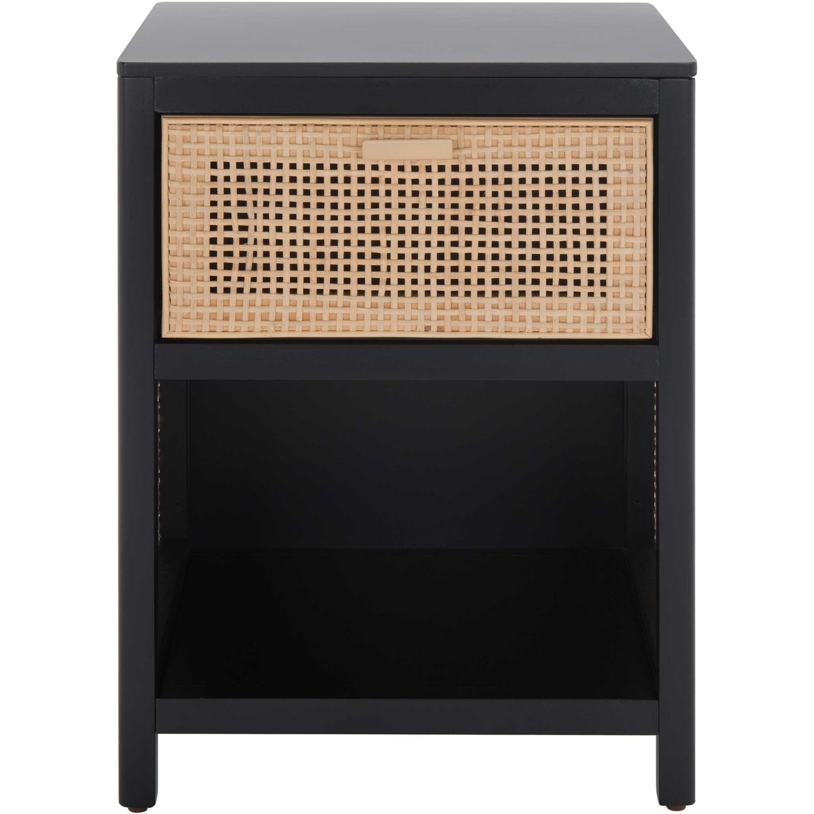 Black nightstand with woven rattan drawer and open lower shelf for breezy, modern storage. || NST5012B || front_studio