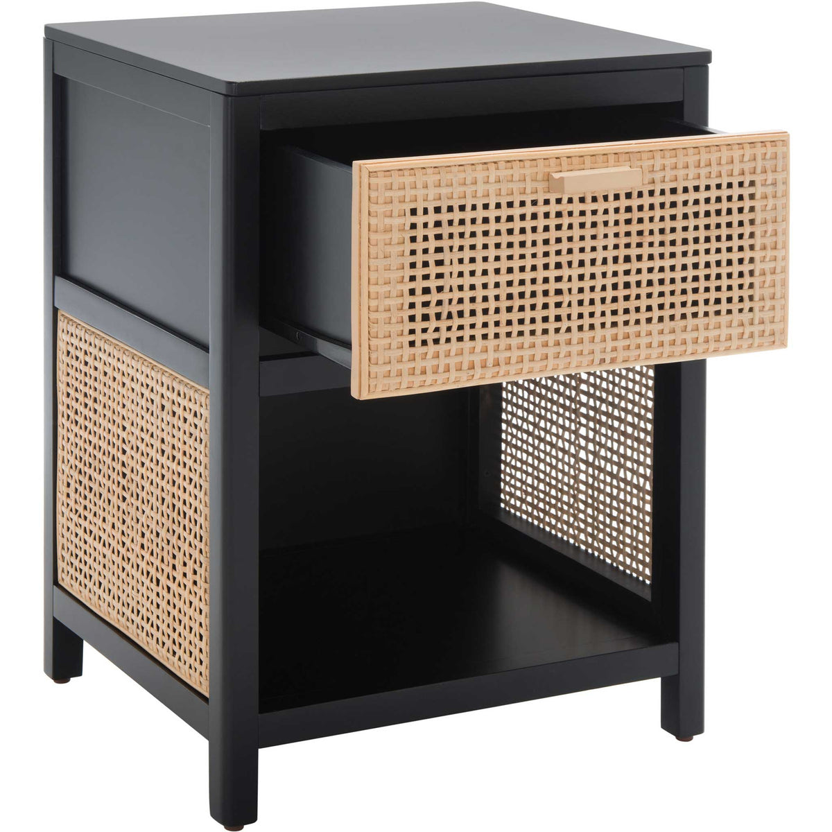 Easy-access drawer opens to reveal storage, contrasted black frame and natural cane sides.