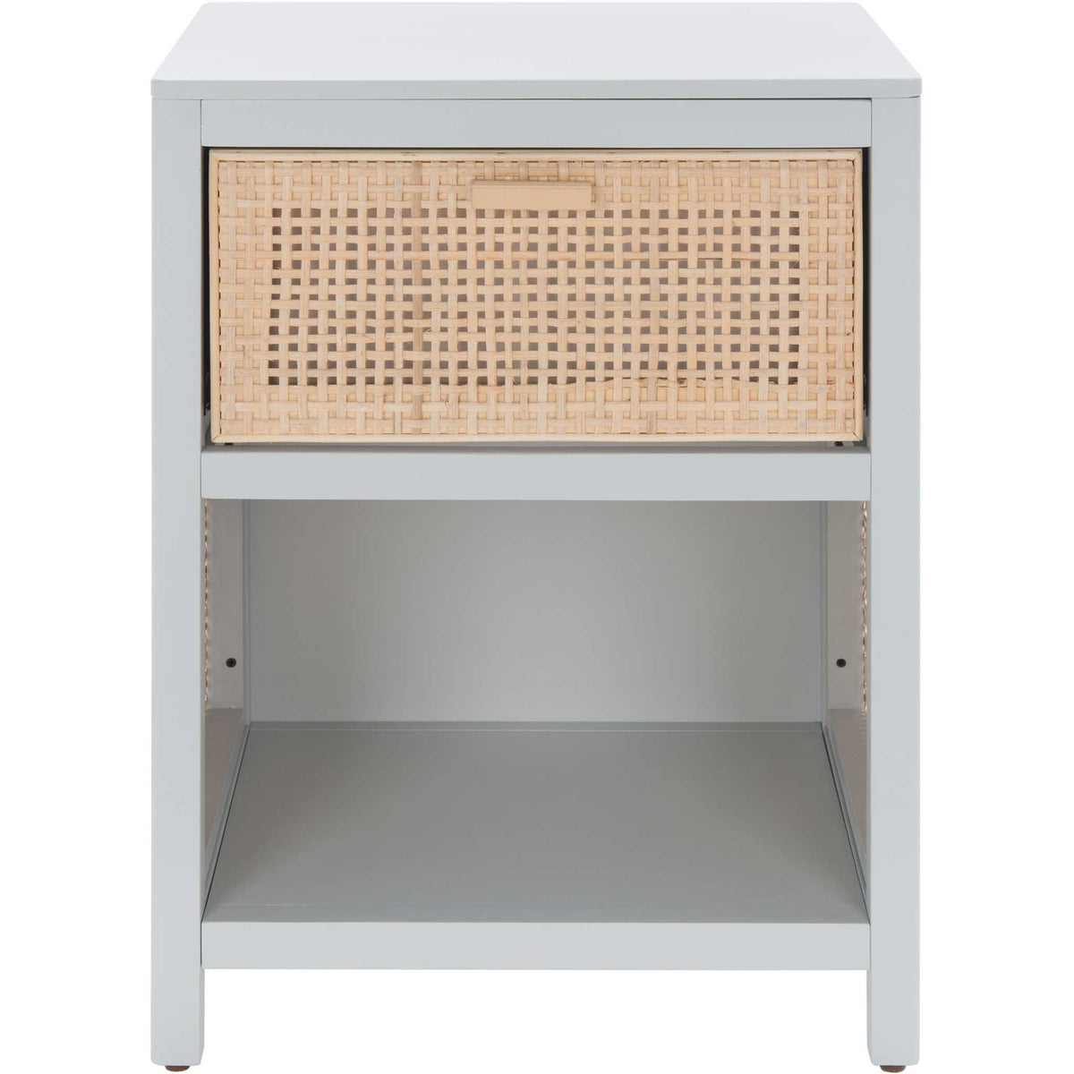 Sleek gray nightstand with woven rattan drawer front and open shelf for easy bedside organization. || NST5012D || front_studio