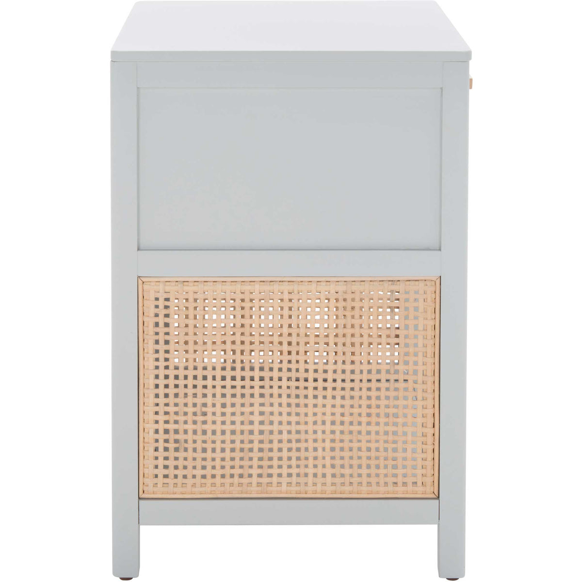 Textured rattan panel and crisp gray frame bring airy coastal charm with a convenient open shelf. || NST5012D || side_studio