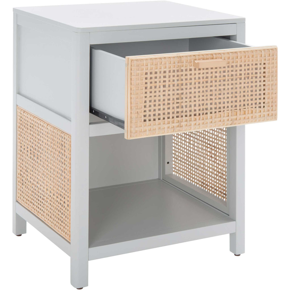 Easy-glide drawer reveals spacious storage above a handy open shelf in a breezy rattan design. || NST5012D || front_angle_open_studio