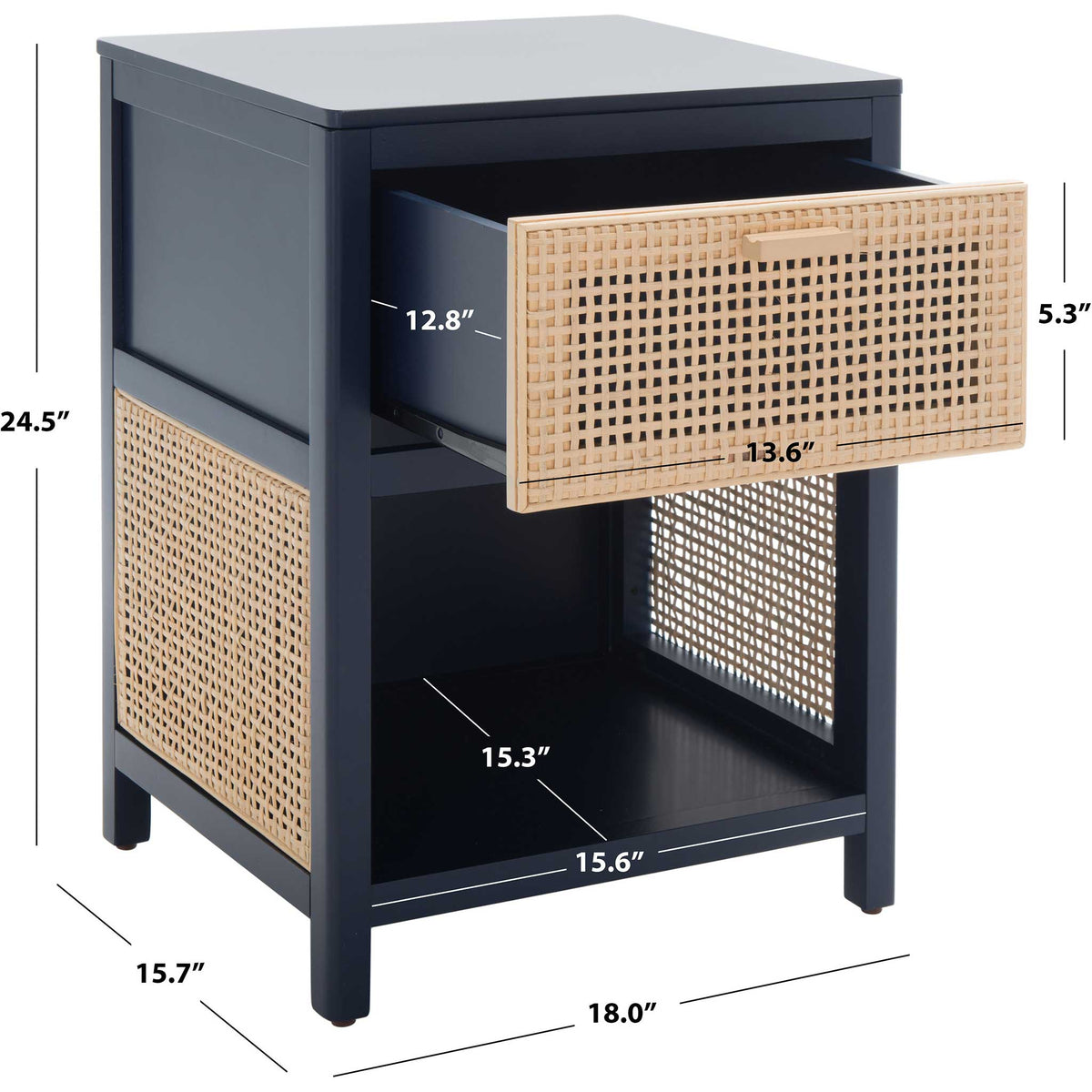 Sized for bedside convenience with ample drawer and shelf space for essentials