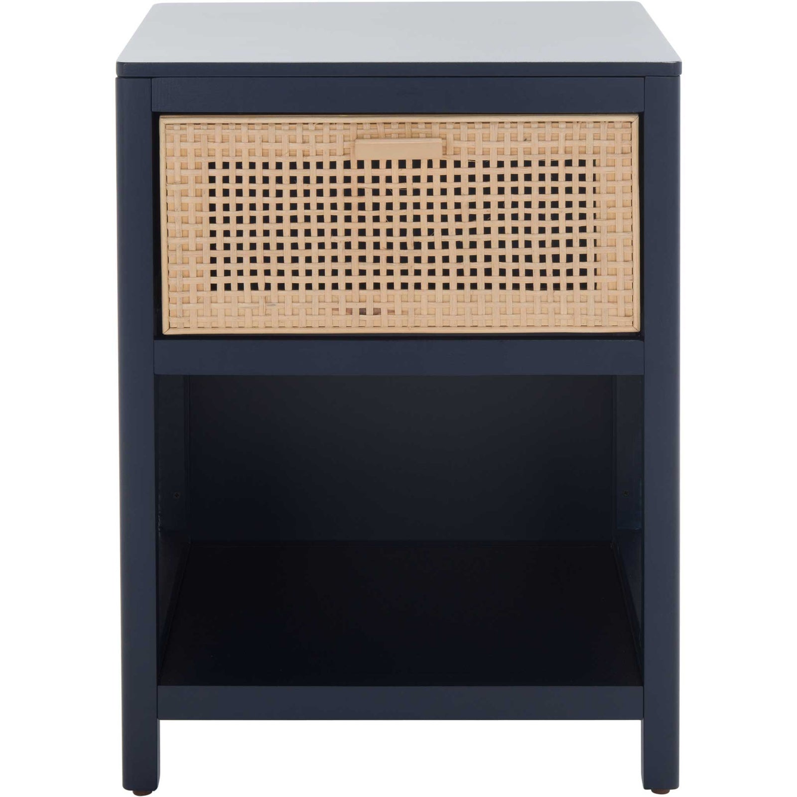 Navy wood nightstand with woven rattan drawer and open shelf for breezy bedside storage || NST5012E || front_studio