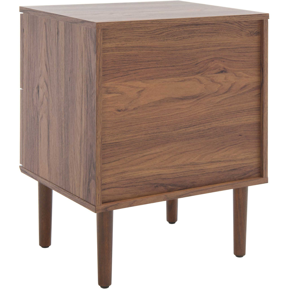Crisp walnut casing with visible grain and tapered legs delivers a refined, finished look || NST9602A || back_angle_studio