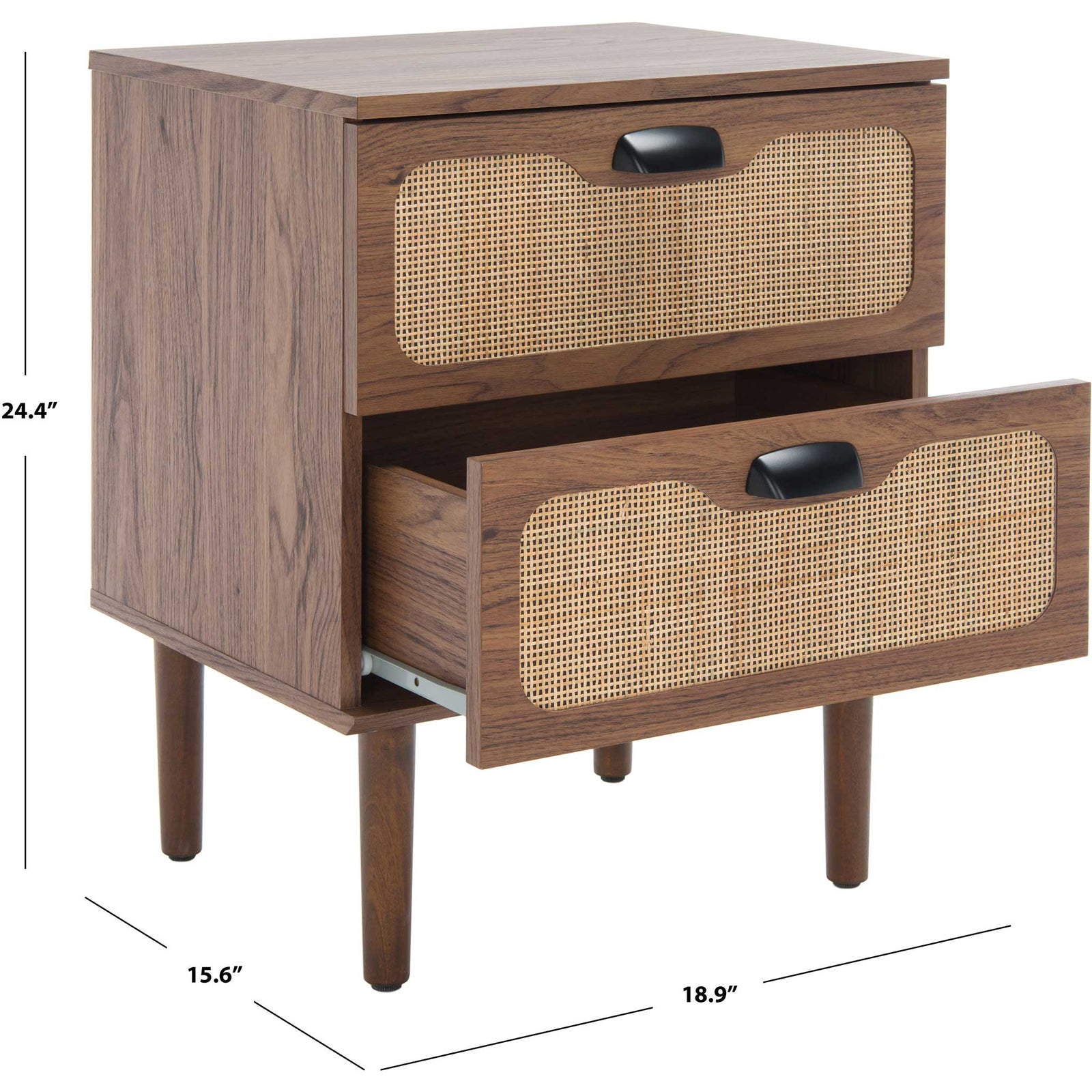 Two-drawer nightstand in warm walnut with woven fronts and sleek hardware || NST9602A || dimension_studio