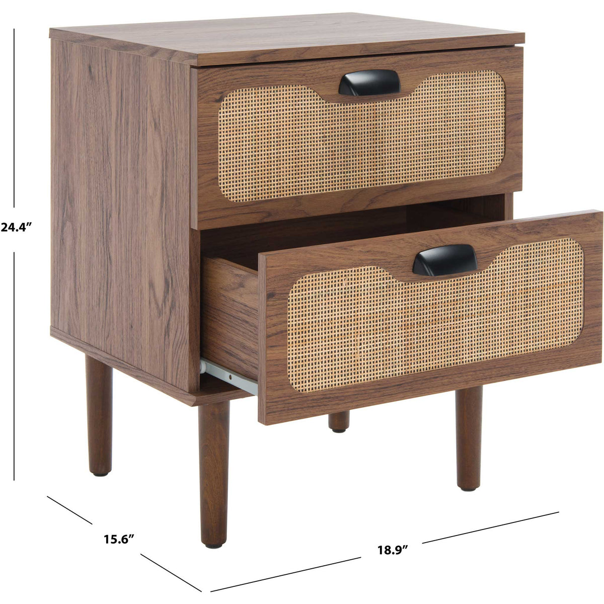 Two-drawer nightstand in warm walnut with woven fronts and sleek hardware || NST9602A || dimension_studio