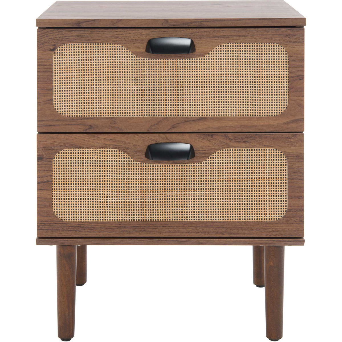 Walnut nightstand with two rattan-front drawers and black pulls on tapered legs || NST9602A || front_studio