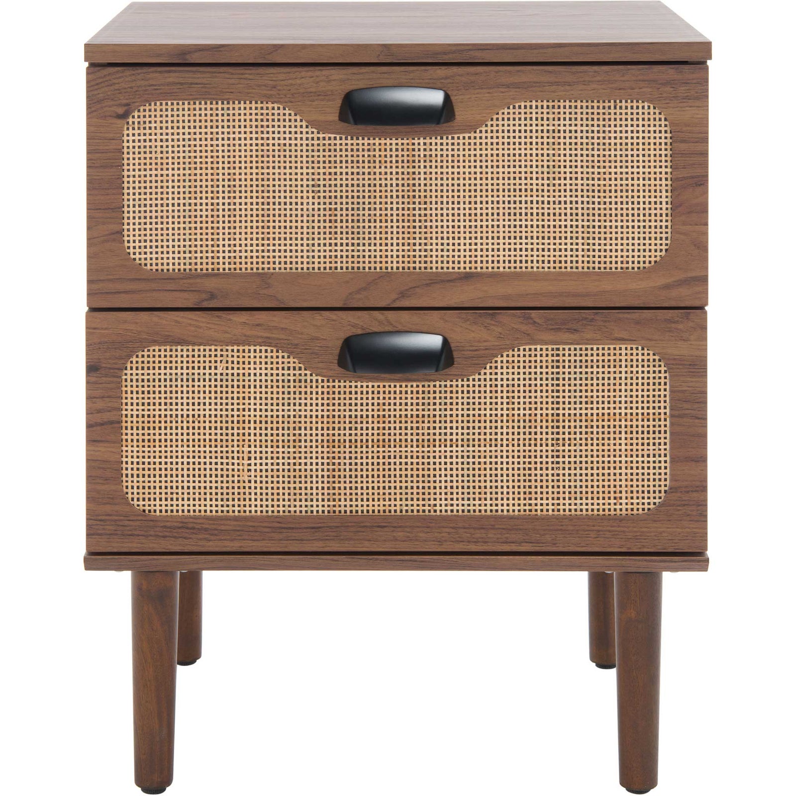 Walnut nightstand with two rattan-front drawers and black pulls on tapered legs || NST9602A || front_studio