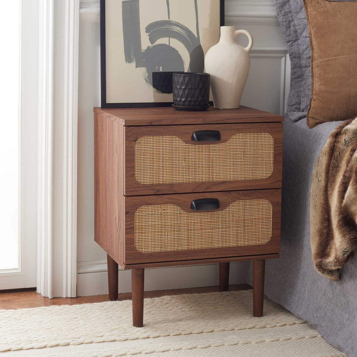 Rattan-front nightstand in warm walnut brings breezy texture to the bedside || NST9602A || front_angle_room