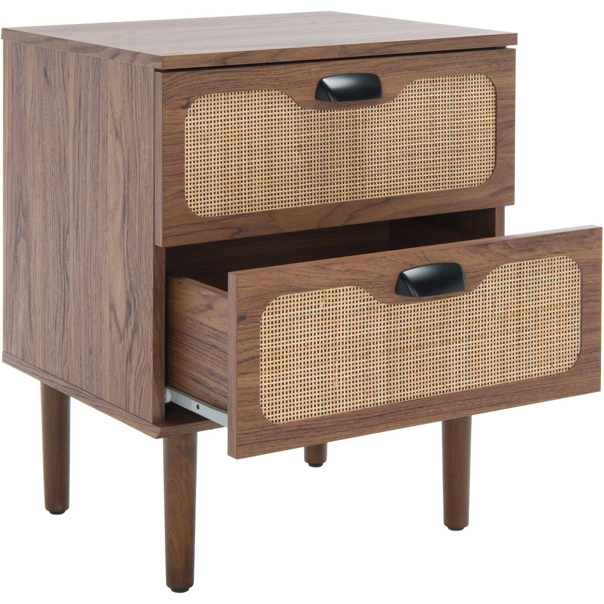 Spacious drawers with rattan fronts glide smoothly within a clean walnut case || NST9602A || front_angle_open_studio