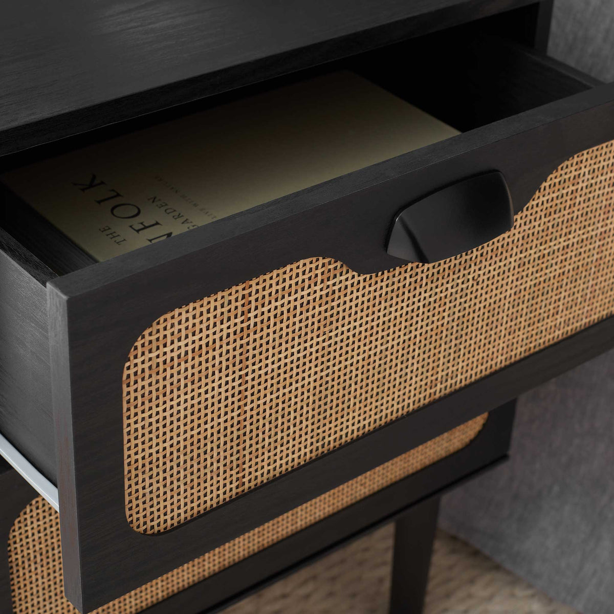 Roomy drawer with smooth metal glides and cane-front detail for airy style || NST9602B || storage_open_room
