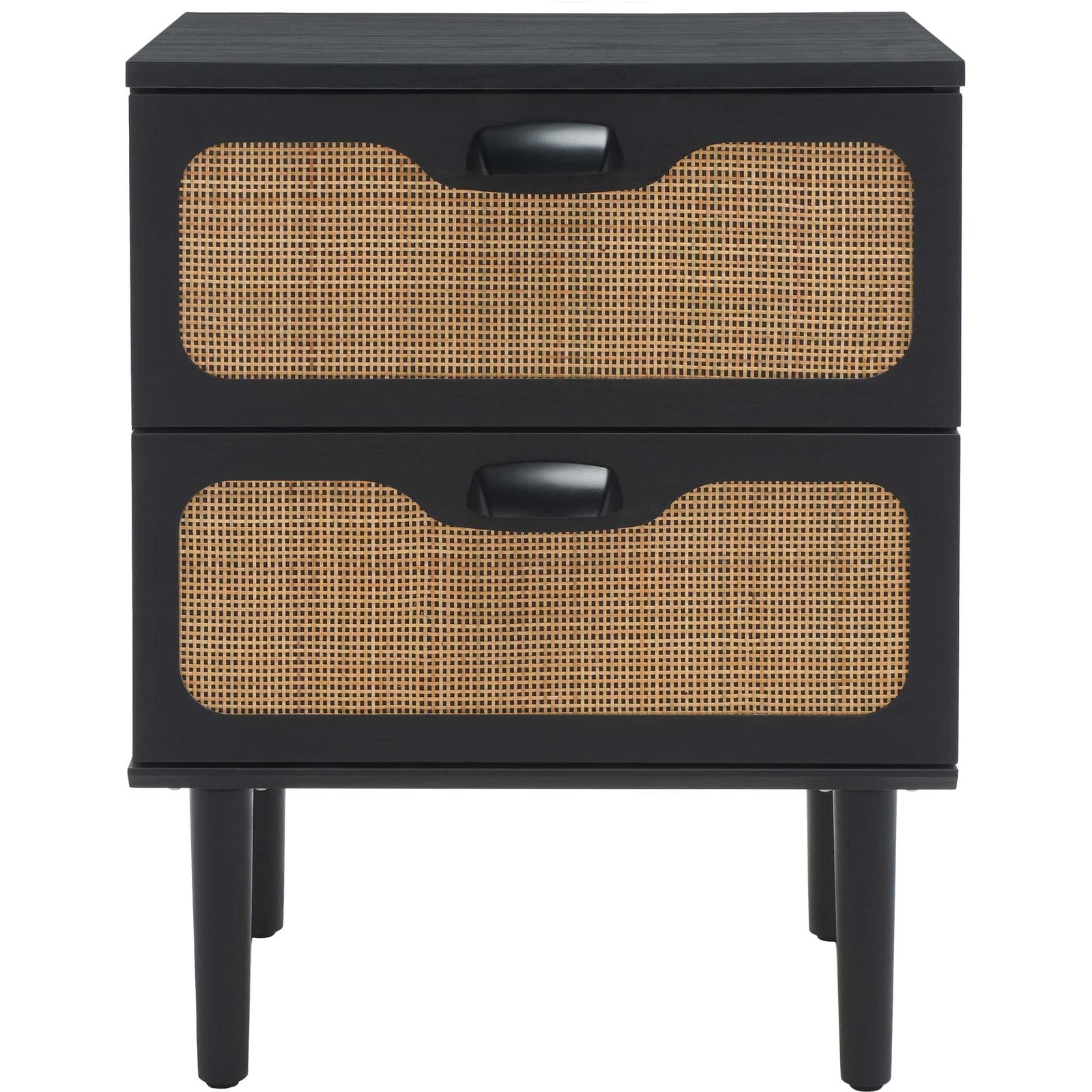 Black nightstand with two rattan-front drawers, sleek black pulls, and tapered legs || NST9602B || front_studio