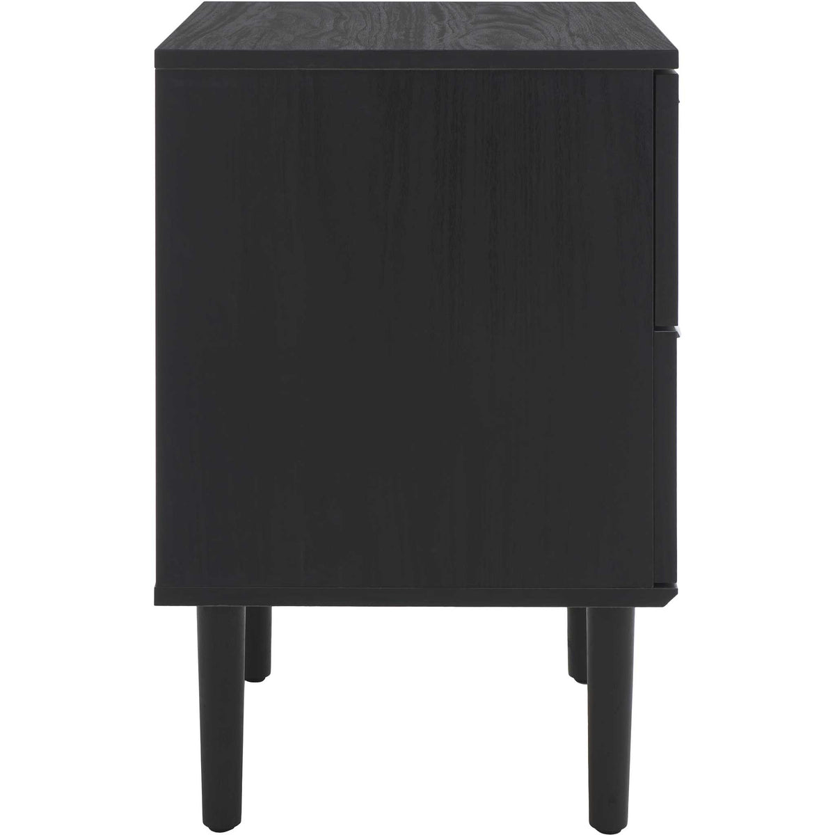 Streamlined side profile with textured black wood grain and elevated tapered legs || NST9602B || side_studio