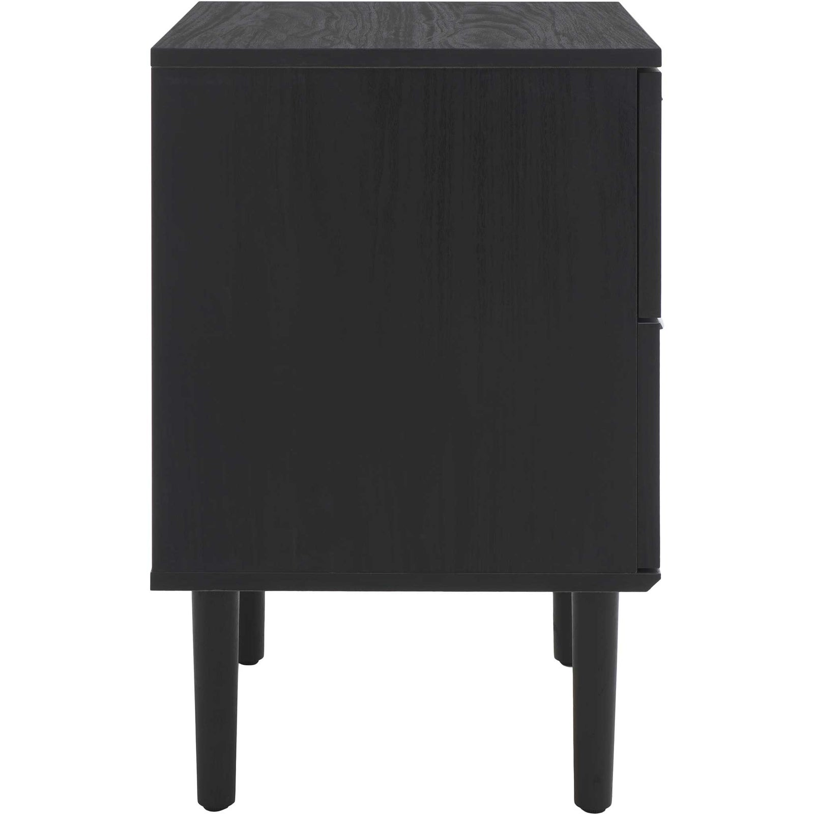 Streamlined side profile with textured black wood grain and elevated tapered legs || NST9602B || side_studio