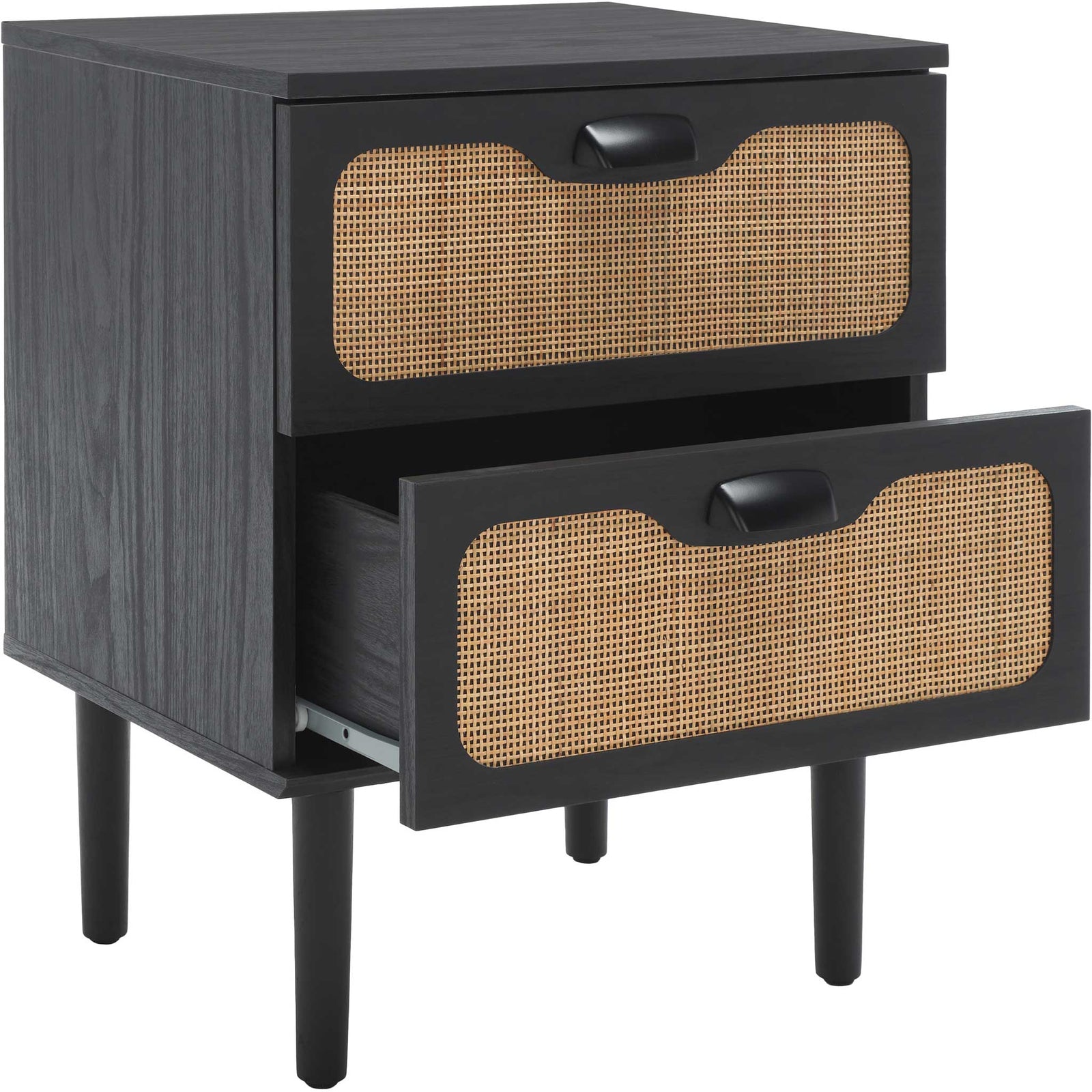Black nightstand with two rattan-front drawers, sleek black pulls, and tapered legs || NST9602B || front_studio