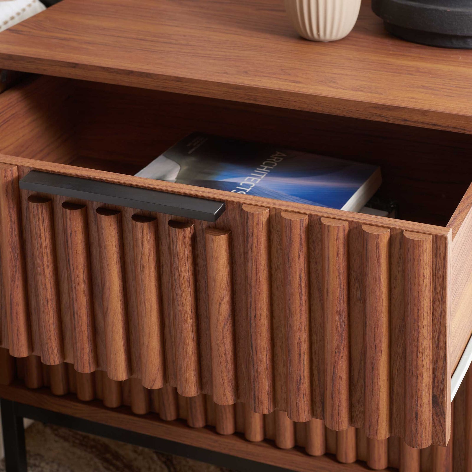 Open drawer reveals generous storage with a smooth walnut finish interior || NST9605A || storage_open_room