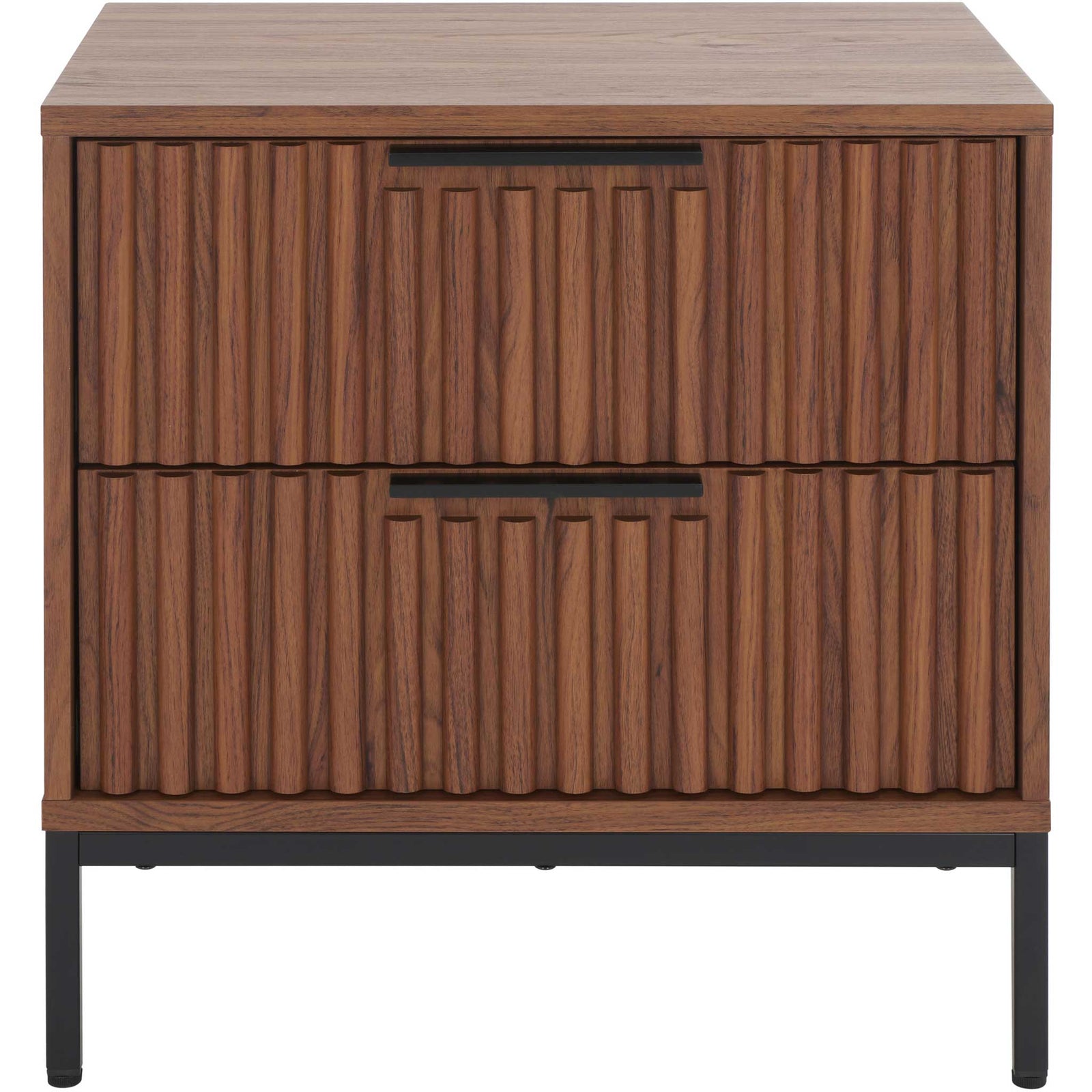 Walnut finish nightstand with fluted two-drawer front and slim black metal base || NST9605A || front_studio