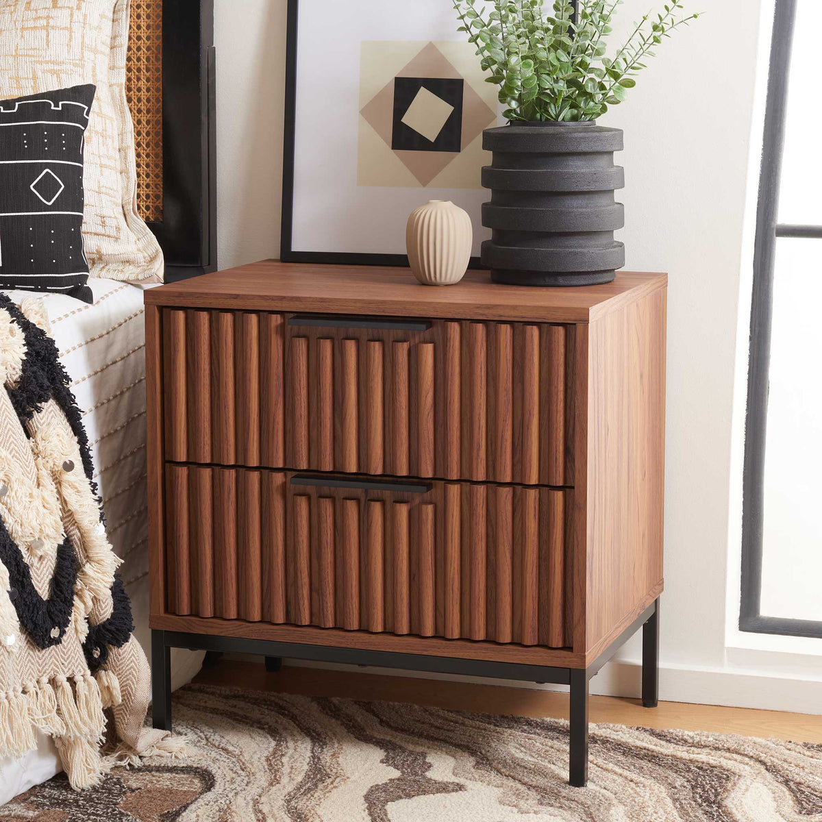 Textured walnut nightstand brings mid-century warmth to the bedside || NST9605A || front_angle_room