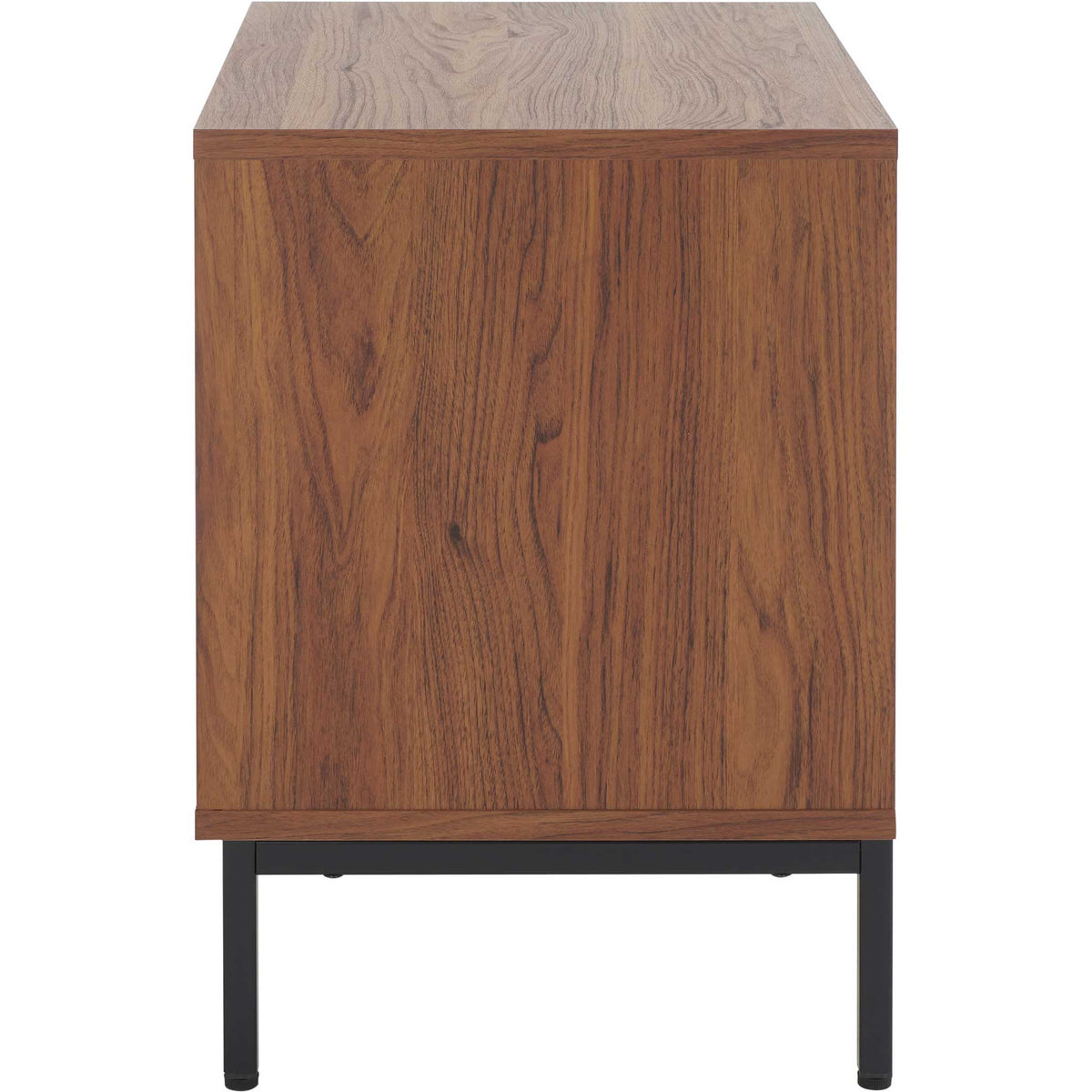 Streamlined walnut finish silhouette perched on a slim black metal base || NST9605A || side_studio