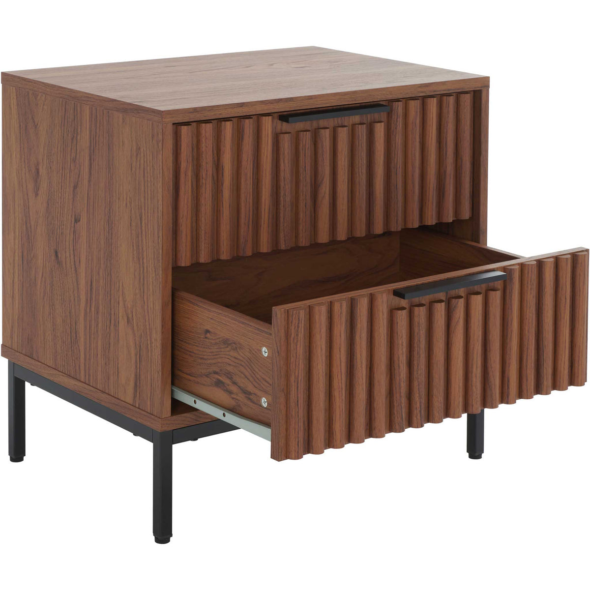 Spacious drawer on smooth metal glides for easy bedside storage || NST9605A || front_angle_open_studio