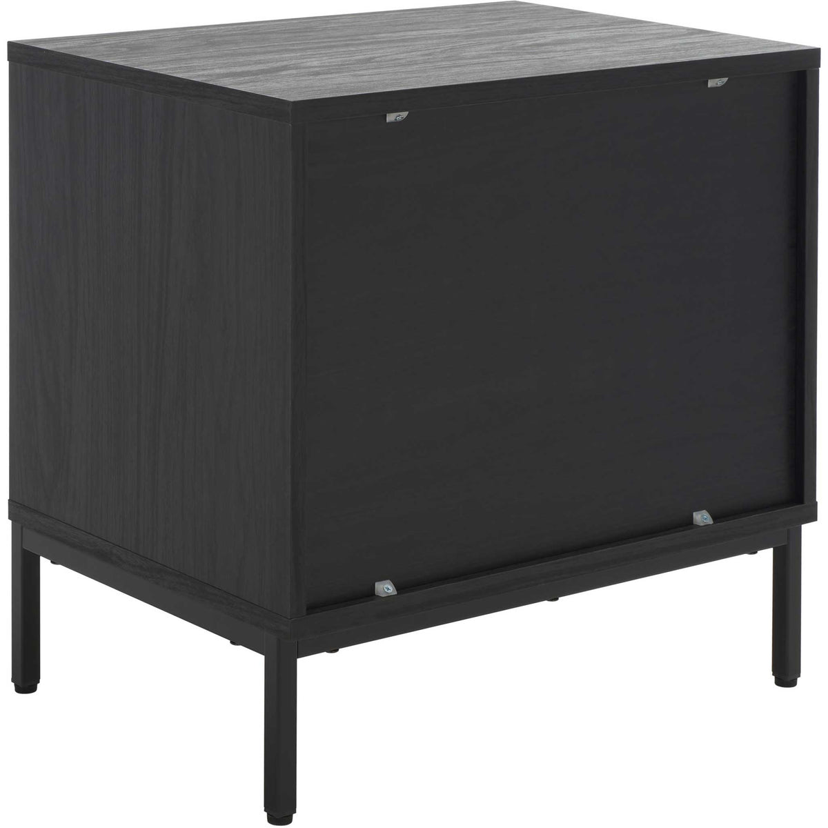 Finished back panel and woodgrain top on a modern black nightstand with slim metal base || NST9605B || back_angle_studio