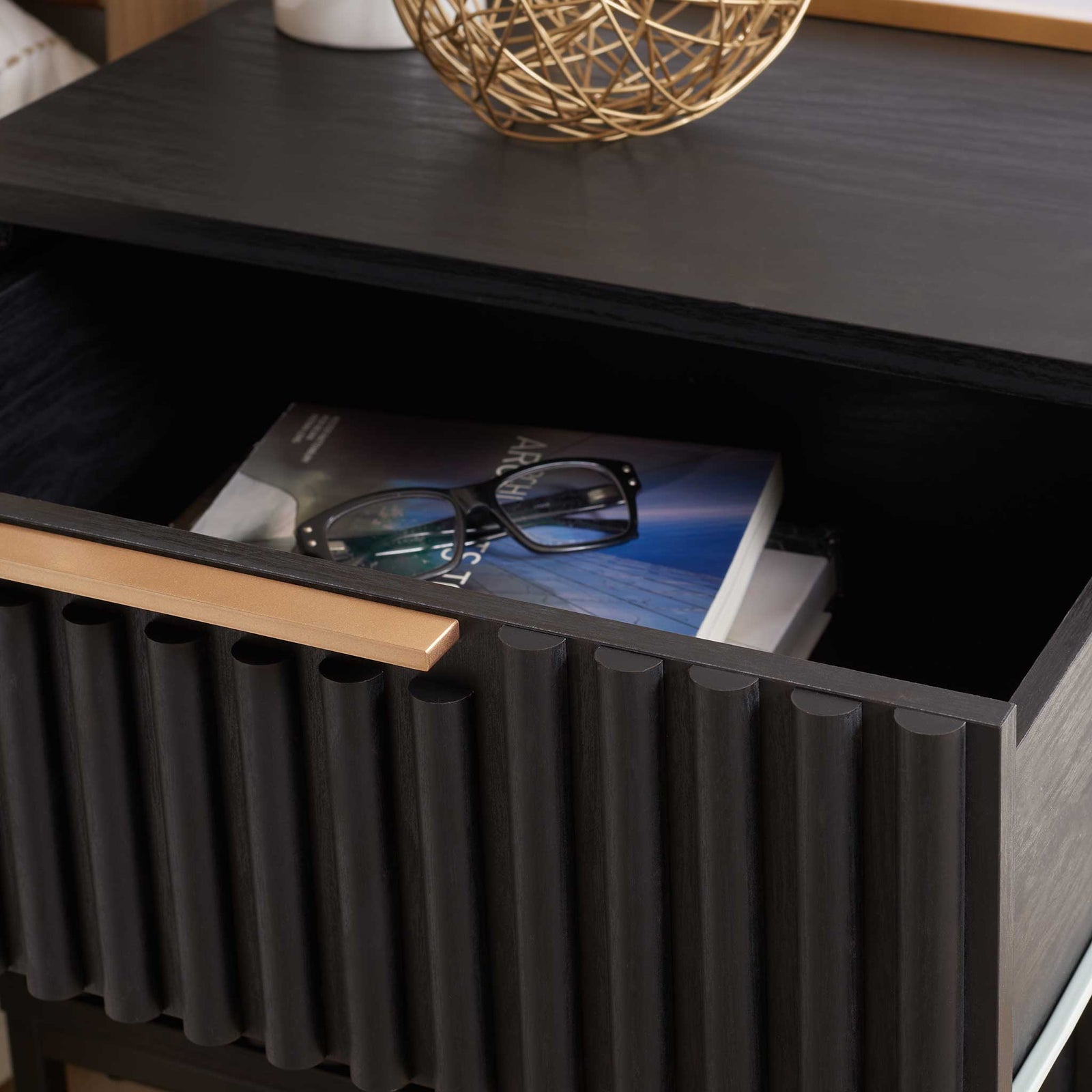 Fluted drawer detail with sleek gold pull and smooth-storage interior for bedside essentials || NST9605B || storage_open_room