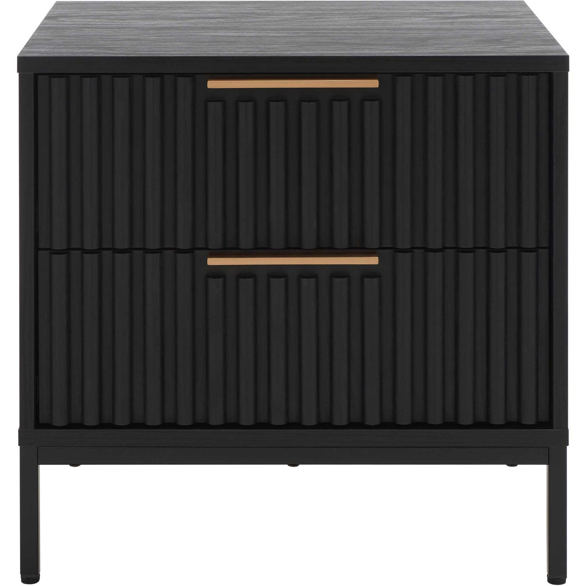 Modern black nightstand with fluted twin drawers and slim gold pulls on a raised metal base || NST9605B || front_studio