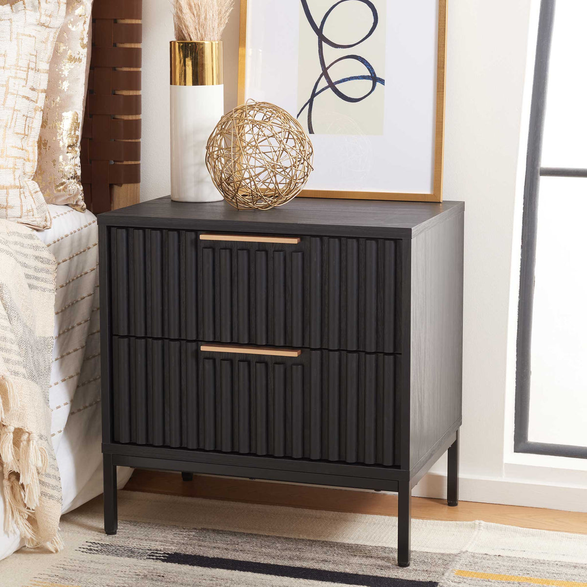 Chic two-drawer nightstand in black with fluted fronts and gold pulls, styled for modern bedrooms || NST9605B || front_angle_room