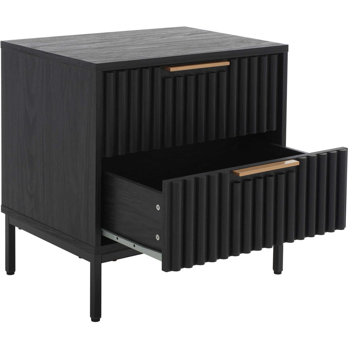 Spacious drawer opens smoothly beneath refined gold hardware and fluted detail || NST9605B || front_angle_open_studio