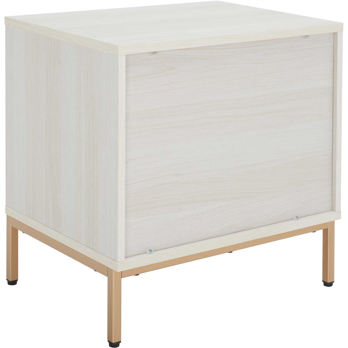 Clean lines and back panel in bleached white veneer atop a slim gold base. || NST9605C || back_angle_studio