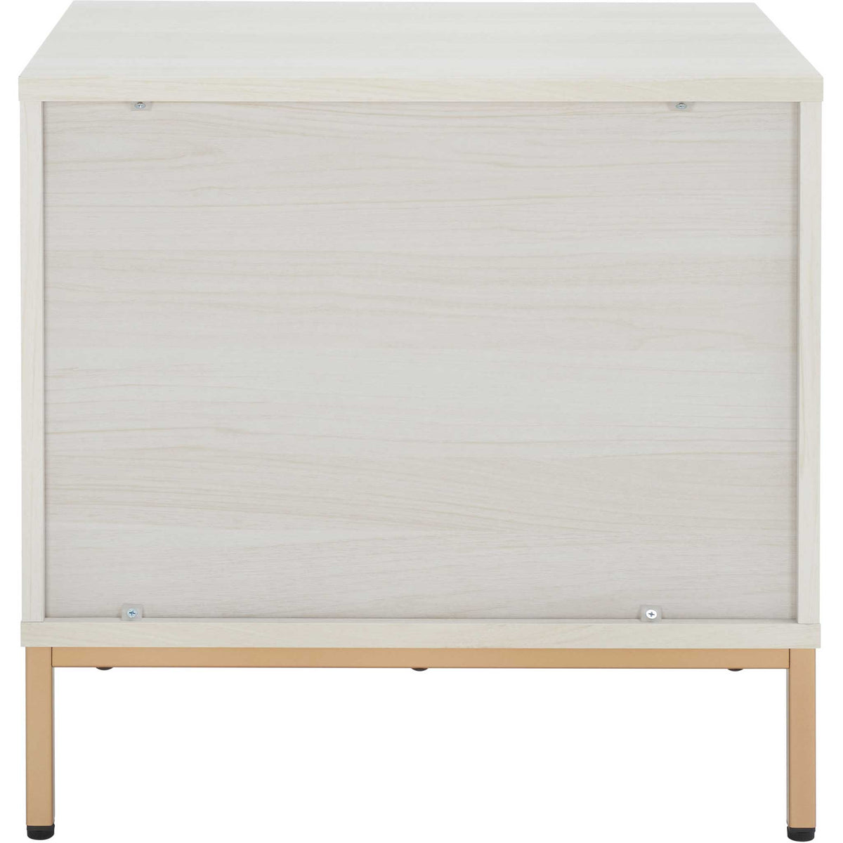 Back panel in bleached white woodgrain above a gold metal base. || NST9605C || back_studio