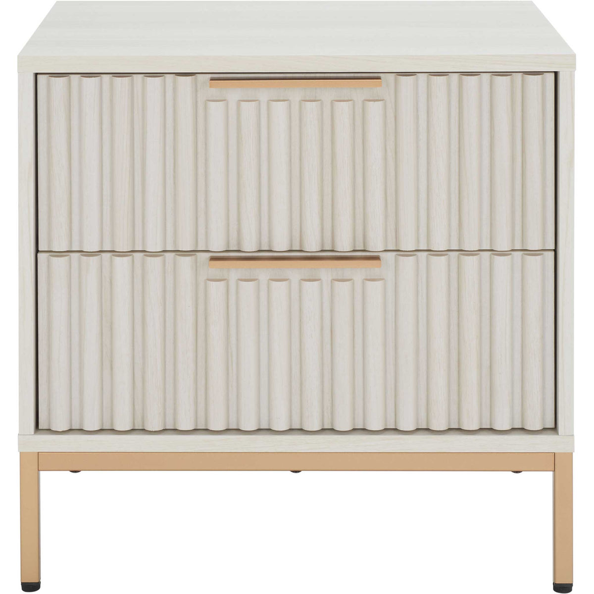 Bleached white nightstand with fluted drawer fronts and gold metal base. || NST9605C || front_studio