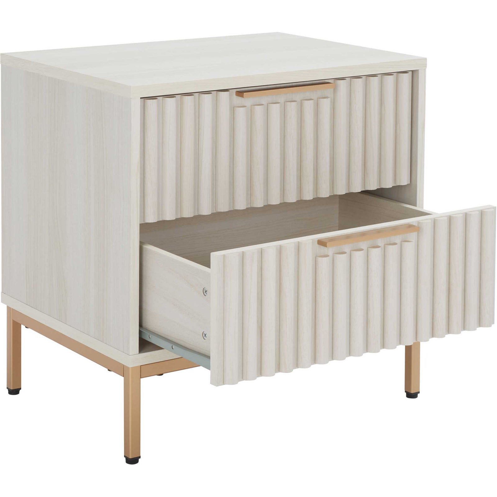Bleached white nightstand with fluted drawer fronts and gold metal base. || NST9605C || front_studio