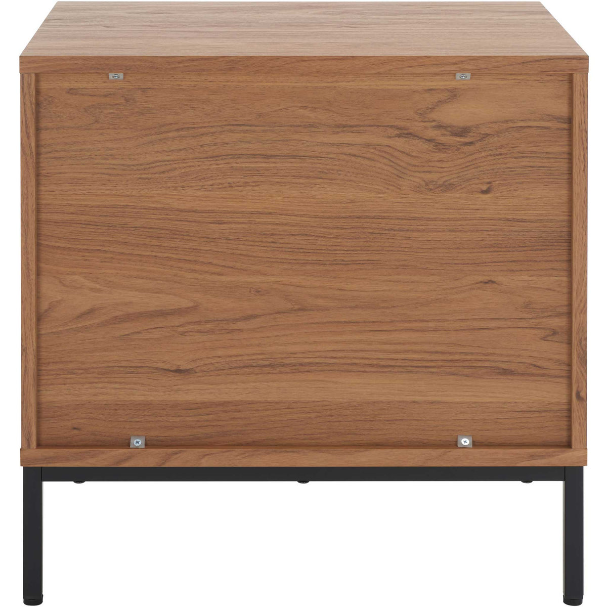 Finished oak-grain back panel sits above a sturdy black metal base || NST9605D || back_studio