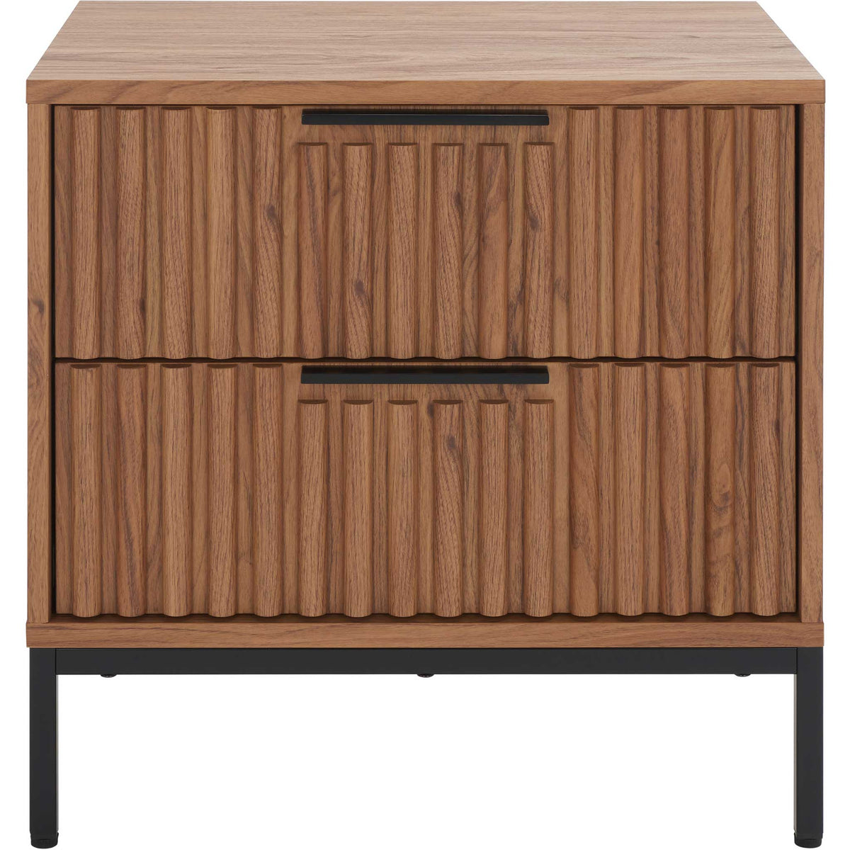 Fluted oak-grain drawers and matte black pulls on a streamlined nightstand || NST9605D || front_studio