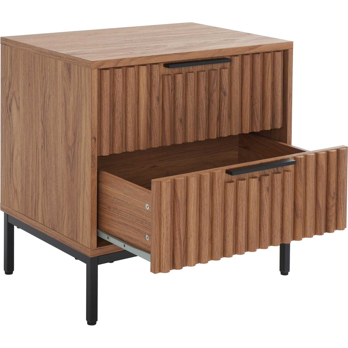 Two spacious drawers glide smoothly for easy bedside storage || NST9605D || front_angle_open_studio
