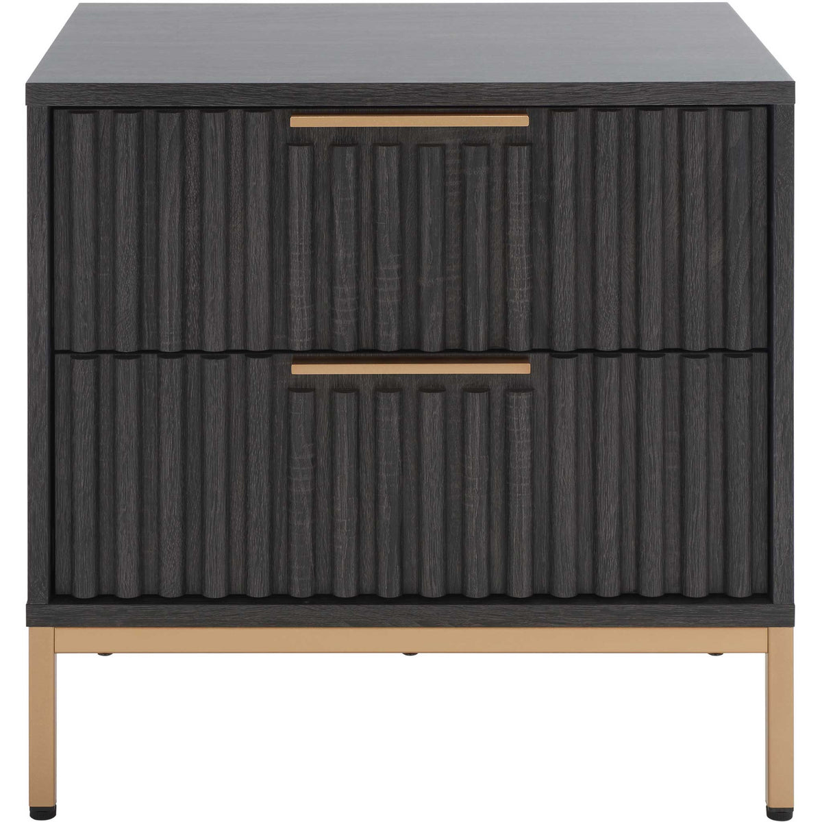 Fluted two-drawer nightstand in distressed black with slim gold pulls and metal base || NST9605E || front_studio