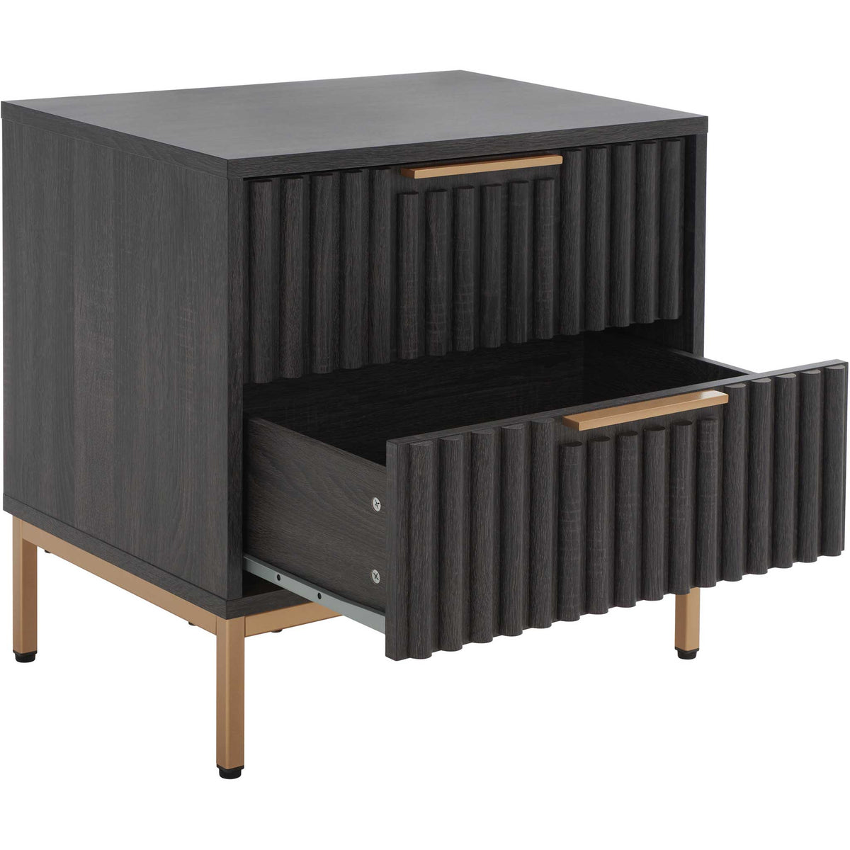 Two drawers glide open to reveal roomy storage in a fluted black nightstand with gold base || NST9605E || front_angle_open_studio