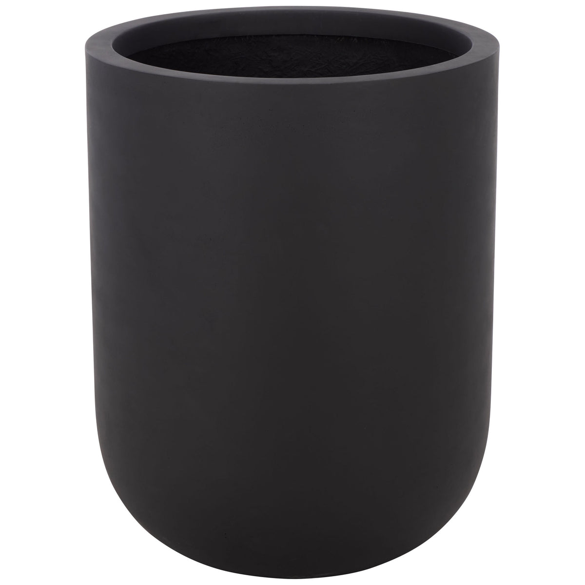 Tall matte black fiberstone planter with a clean cylindrical shape and rounded base || PAT1400A || front_studio