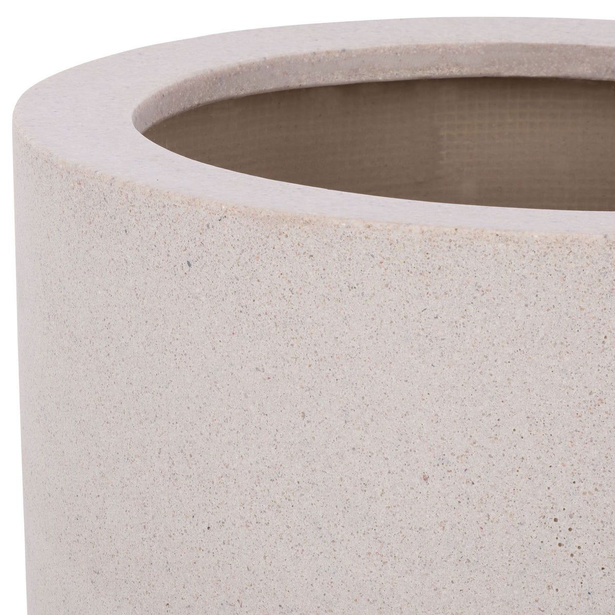 Beige fiberstone planter with a thick rounded rim and fine speckled texture || PAT1400B || detail_studio