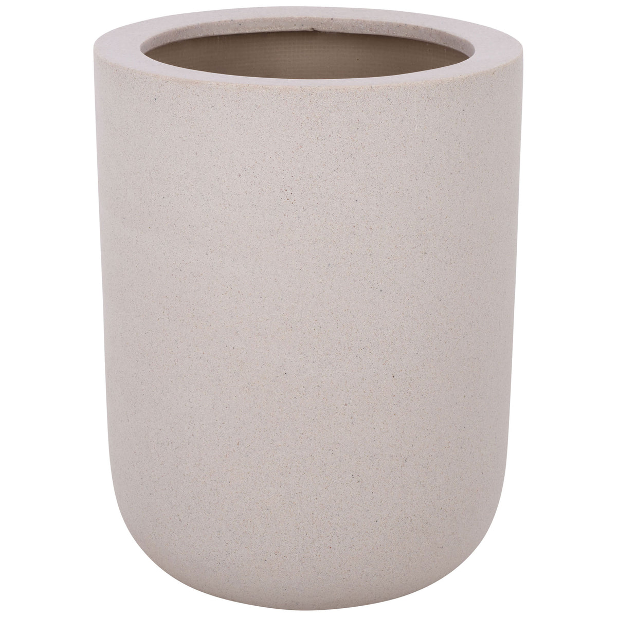 Tall beige fiberstone planter with a broad circular opening and softly rounded base || PAT1400B || front_studio