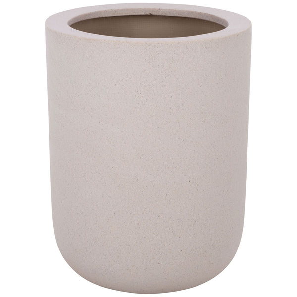 Tall beige fiberstone planter with a broad circular opening and softly rounded base || PAT1400B || front_studio