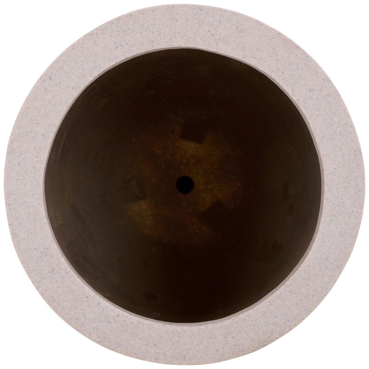 Deep round planter opening framed by a thick beige rim, with a drainage hole at the bottom || PAT1400B || top_studio