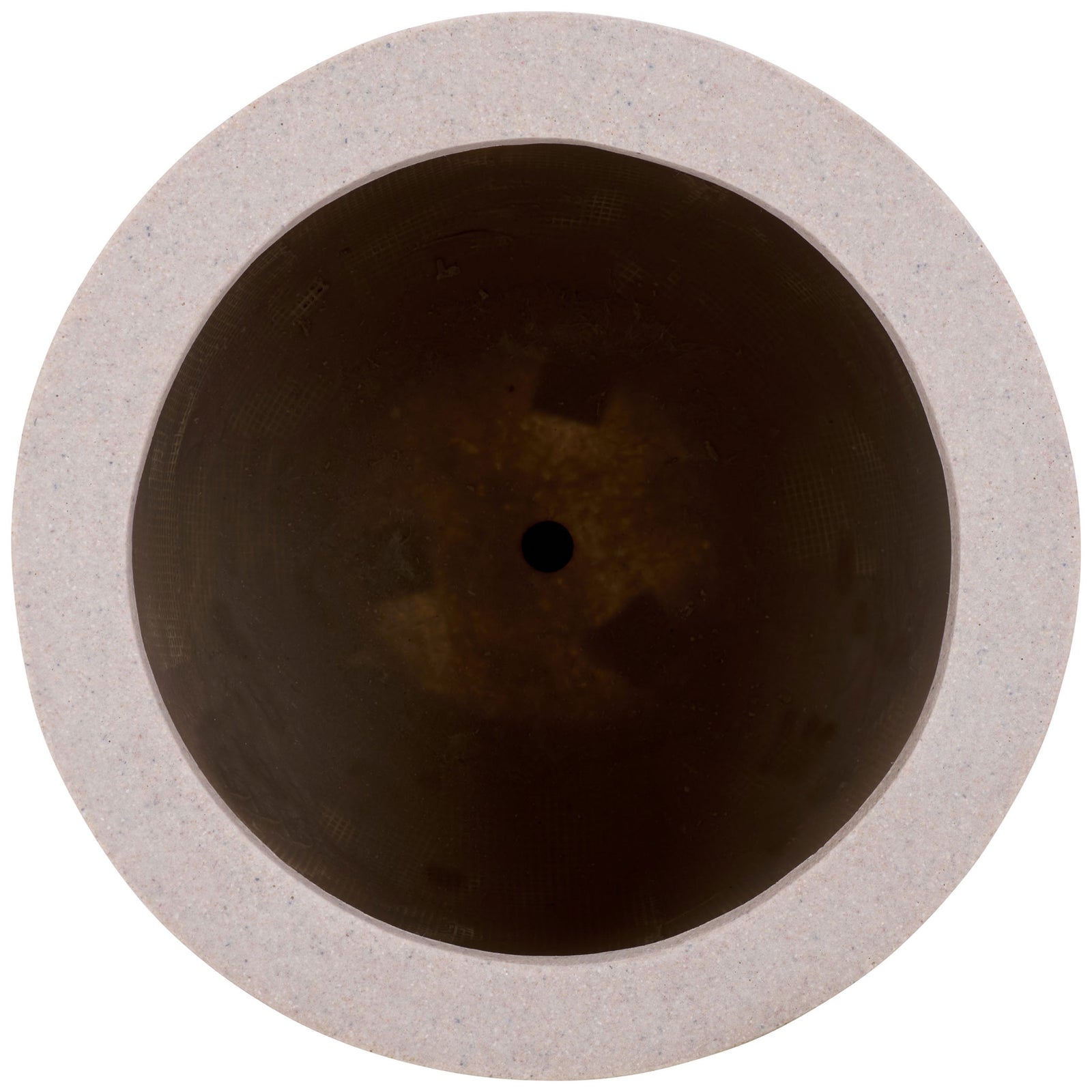 Deep round planter opening framed by a thick beige rim, with a drainage hole at the bottom || PAT1400B || top_studio