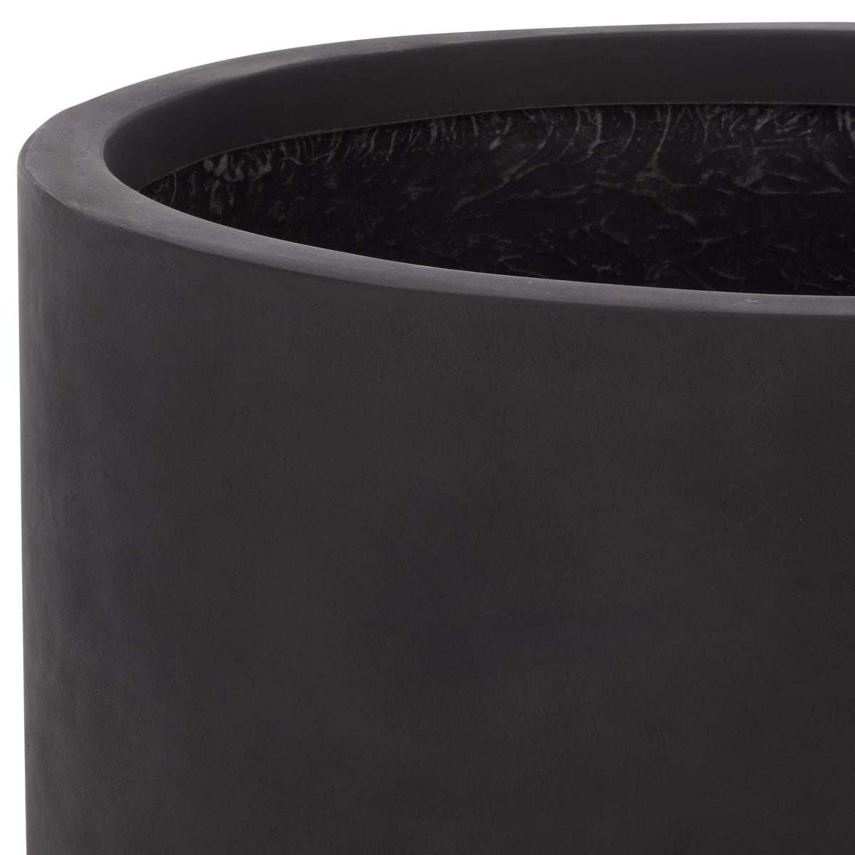 Rounded rim of a wide black planter with a richly textured inner wall || PAT1401A || detail_studio