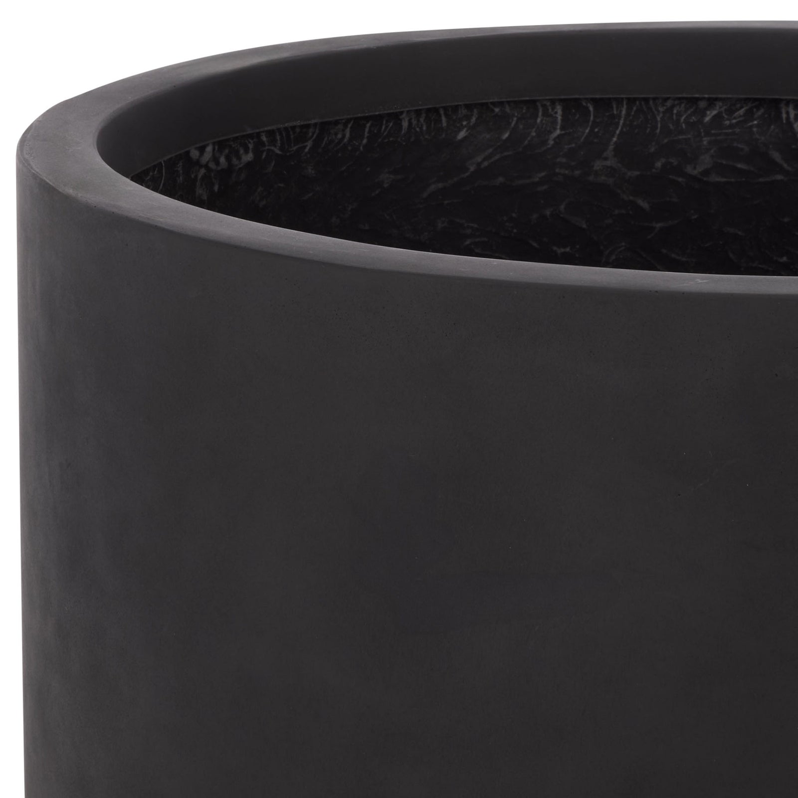 Rounded rim of a wide black planter with a richly textured inner wall || PAT1401A || detail_studio