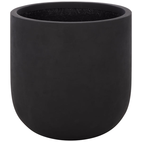 Wide matte black fiberstone planter with a thick rim and smoothly curved base || PAT1401A || front_studio