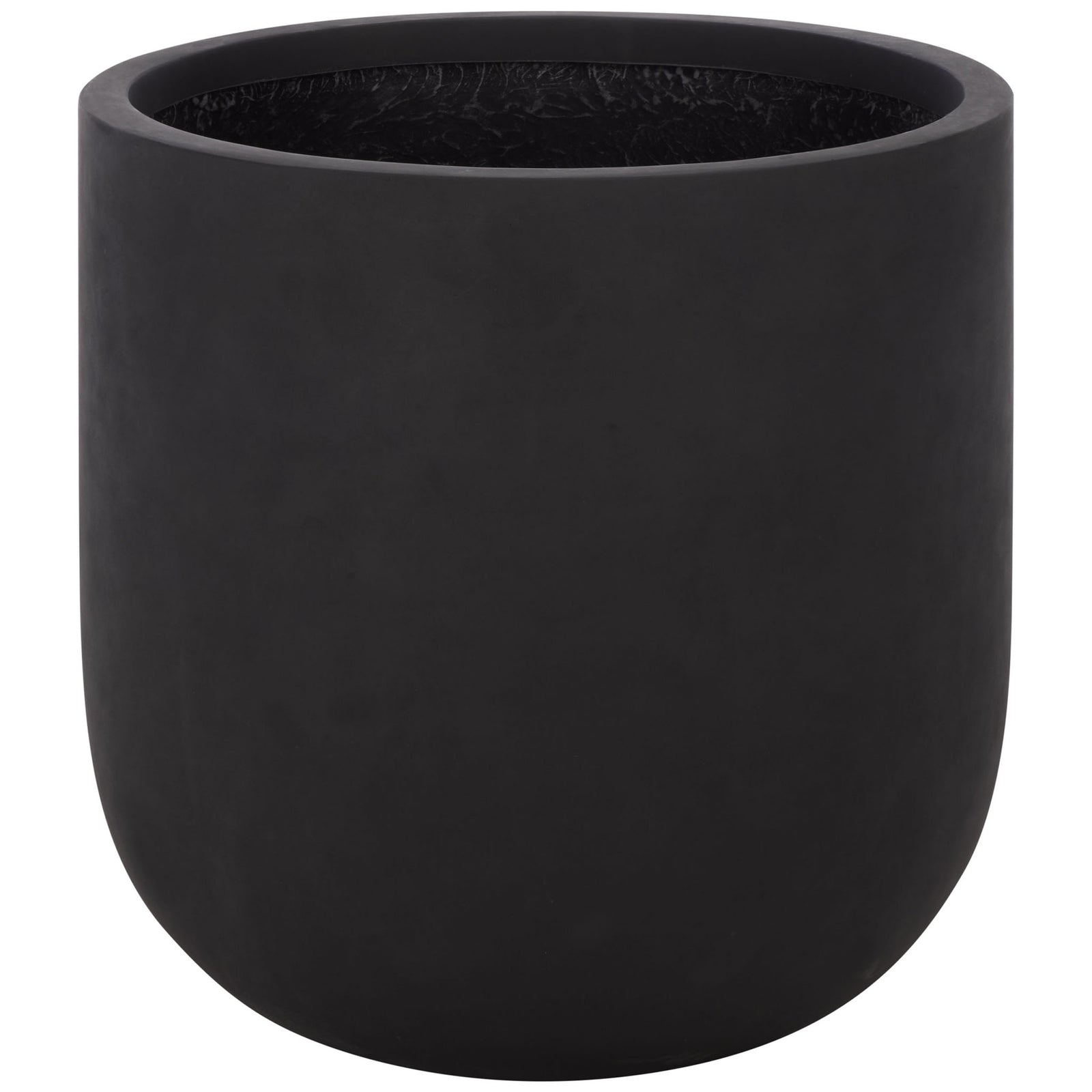 Wide matte black fiberstone planter with a thick rim and smoothly curved base || PAT1401A || front_studio